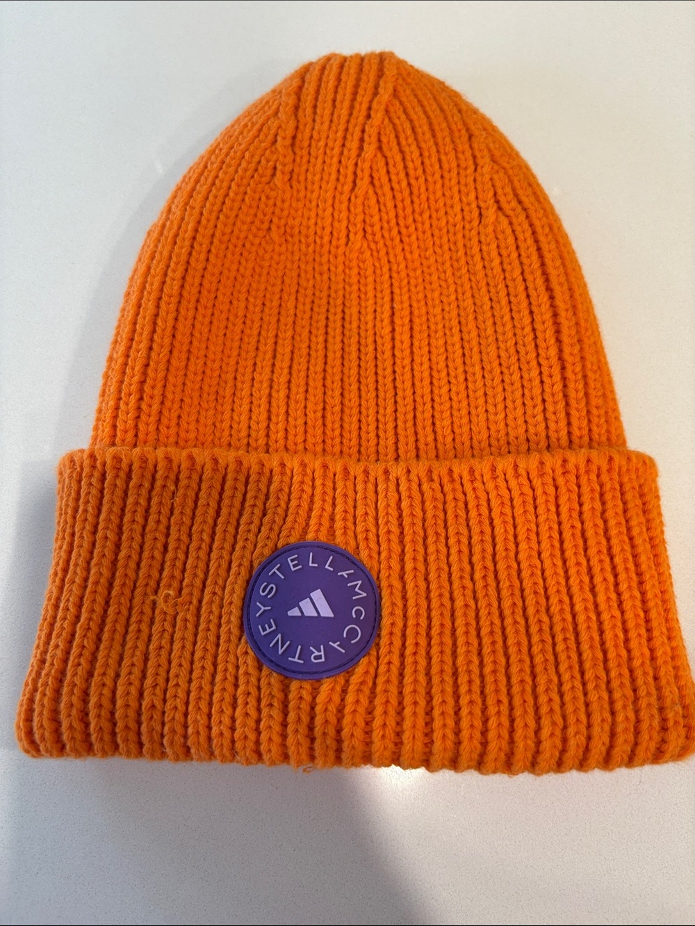 Stella McCartney Bright Orange Ribbed Knit Beanie with Logo Badge